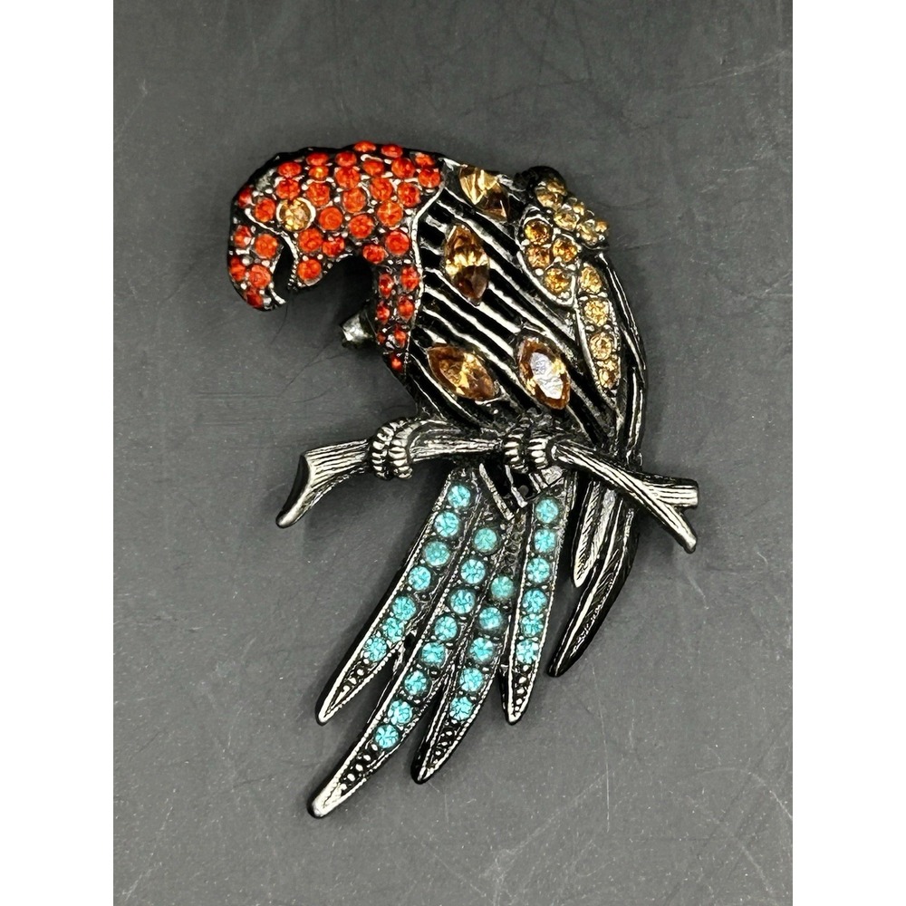 Tropical Parrot Bird‎ Brooch Pin Red Amber Turquoise Crystal Rhinestones Large